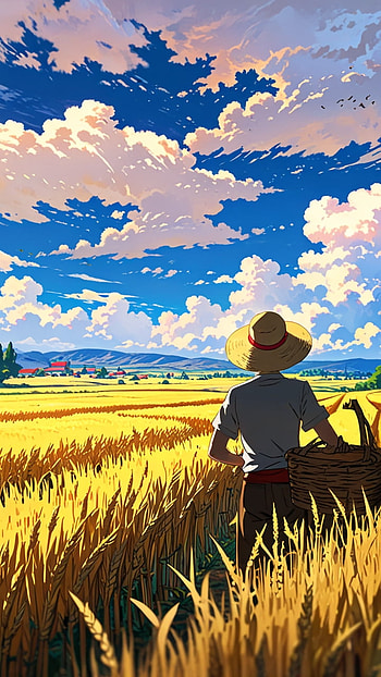 Farmer working in wheat farm, wheat, field, sky, golden HD phone wallpaper