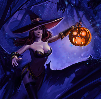 Witch, fantasy, pumpkin, orange, hat, blue, night, pavlo marchuk, girl, halloween, luminos HD wallpaper