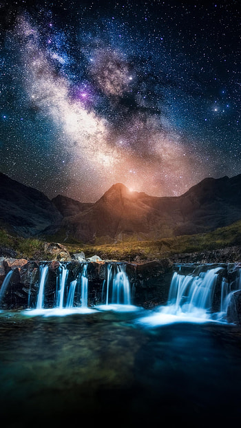 Nebula, atmosphere, sky, mountain, waterfalls, night, river, stars HD phone wallpaper