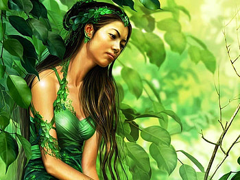 Dreams between the Leaves, sweet, lady, dreams, leaves, fantasy, art, green, lovely HD wallpaper
