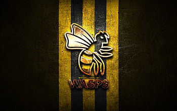 Wasps RFC, golden logo, Premiership Rugby, yellow metal background, english rugby club, Wasps RFC logo, rugby HD wallpaper