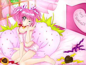 Happy Valentine, cute, ribbons, pink hair, candy, anime girl, valentine, pink, short hair, hearts, mew mew HD wallpaper