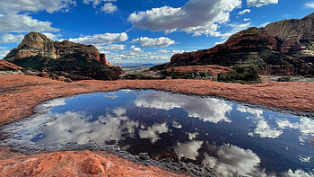 Boynton Canyon, near Sedona, Arizona, clouds, landscape, sky, mountains, rocks, water, pond, reflections, usa HD wallpaper