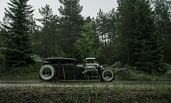 chevrolet chevy hot rod rat rod v6 540ci on the side shoulder wet road forest HD wallpaper