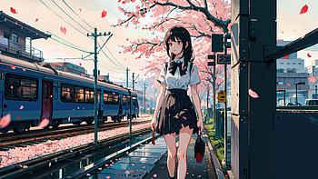 Anime Girl Cherry Blossom Train Looking Away , anime-girl, anime, train, blossom, artist, artwork, digital-art HD wallpaper