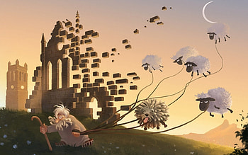 Ruins and Old Man, dog, ruin, old man, rope, dogs, grass, stones, sheeps, Sheep, Art, ruins, castles, weightlessness, humor, castle HD wallpaper