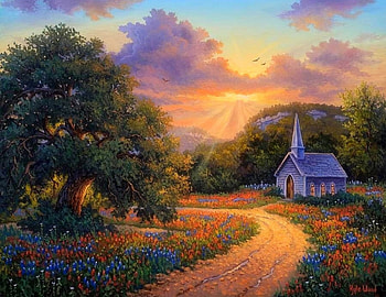 Evening Praise, sunsets, attractions in dreams, churches, paintings, summer, landscapes, love four seasons, chapels, rural, nature, flowers, roads, countryside HD wallpaper
