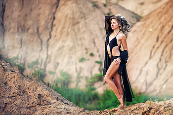 ???, black dress, model, blonde, bikini, girl HD wallpaper