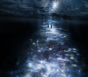 The Milky Way, black, stars, beauty, darkness, magical, couple, , male, cloud, female, sweet, magic, girl, beautiful, dark, ray, star, anime girl, boy, anime, fantasy, light, anime couple, space, sky, lovely, realistic HD wallpaper