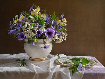 * Still Life *, colorful, bouquet, vase, fresh, beauty, purple, still life, pretty, green, yellow, flowers, harmony HD wallpaper