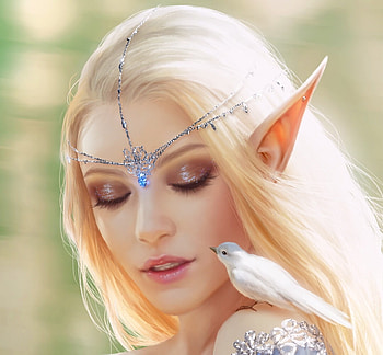 Elf princess with bird, helena cnockaert, gorgeous, face, girl, elf, frumusete, bird, art, jewel, superb, fantasy HD wallpaper