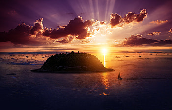 A peaceful place, clouds, nature, sky, sun, sunset, ocean, island, sea, boat, digital HD wallpaper