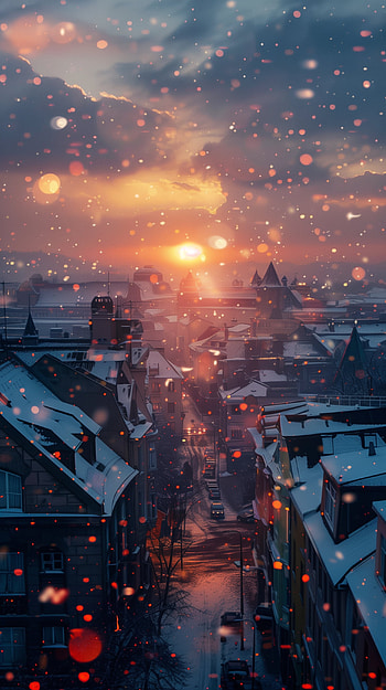 Crimson Dawn over Snowy Streets, winter, snow HD phone wallpaper