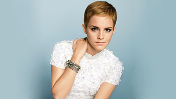Emma Watson, blondes, blue background, bracelet, short hair, actress, pixie haircut HD wallpaper