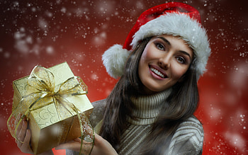 Merry Christmas, happy holidays, happy, santa girl, magic christmas, santa, female, bow, sweet, smile, ribbon, eyes, girl, gifts, woman, christmas gifts, pretty, hair, lovely, holidays, graphy, gift, long hair, beauty, xmas, lady, holiday, chriistmas girl, lips, hat, new year, magic, hands, beautiful, hand, happy new year, red, christmas HD wallpaper