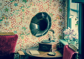Retro gramo in a room with floral and vintage decor. HD wallpaper