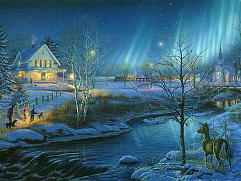 Home Warmth, deer, lights, snow, streem, people HD wallpaper