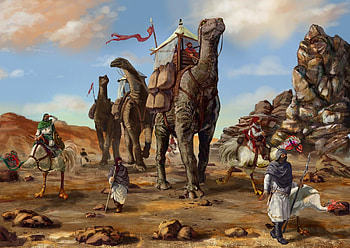 Fantasy, Desert, Dinosaurs, Caravan, Bedouin, Bedouins HD wallpaper