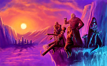 WARRIORS COMPANY, abstract, city, fantasy, art, digital fantasy, mountains, rocks, sunset HD wallpaper