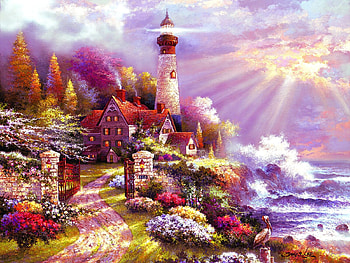 Coastal Splendor, sea, sunshine, lighthouse, painting, trees, cottage, flowers HD wallpaper