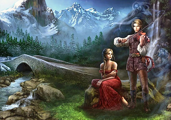 Whispering Sorrows, artwork, man, landscape, bridge, violin, woman HD wallpaper