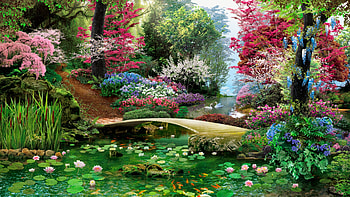 Spring paradise, paradise, beautiful, spring, lake, park, swans, pretty, blossoms, freshness, blooming, bridge, lilies, forest, pond HD wallpaper