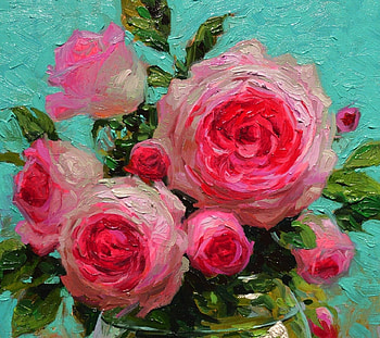 Pink roses, blue, art, rose, pink, painting, flower, pictura, victor nizovtsev, trandafir HD wallpaper