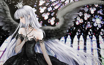 black lights long hair Gothic red eyes necklaces crowns gothic dress angel wings anime girls silver hair black nail polish looking away HD wallpaper