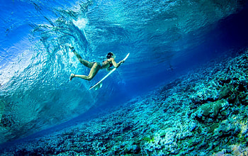 Under Waves, sea, coral, crystal blue waters, beautiful, rocks, beach, woman, surf, waves HD wallpaper