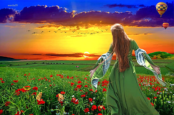 Walking in a Field of Poppies, foeld, art, colors, beautiful, Fantasy, woman, poppies, outdoors, green, scenic, nature, flowers, Digital, sunset HD wallpaper