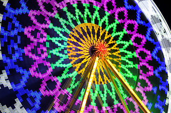 Shine, Light, Miscellanea, Miscellaneous, Long Exposure, Neon, Ferris Wheel, Attraction HD wallpaper