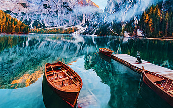 Lake Braies, pier, italian landmarks, Dolomites, husky, mountain lake, Lago Di Braies, summer, beautiful nature, mountains, South Tyrol, Italy, Europe HD wallpaper