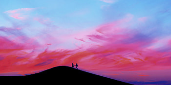 Couple, walking over mountain, sunset, silhouette HD wallpaper