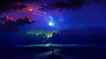 Ruthless sky, clouds, sky, stars, water, blue, colorful, night, art, landscape, moon, fantasy HD wallpaper
