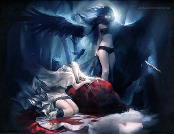 anime, night, angel demon, black, red HD wallpaper