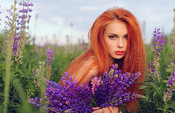 Redhead, purple, girl, flowers HD wallpaper