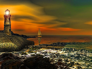 Night light over the sea, night, boat, sea, ship, lighthouse, stones, beach, light, red, clouds, sky, ocean HD wallpaper