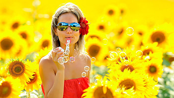 Women in sunflower, women, sun, bubbles, flower HD wallpaper
