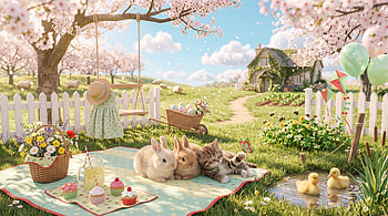 Cute Spring Meadow —, Cute Spring, Rabbit, Kitten, Picnic, Cherry Blossom HD wallpaper