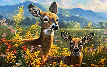 Mother and Son, deer, artwork, leaves, painting, trees, autumn, mountains HD wallpaper
