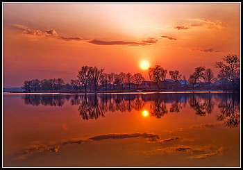 Sunset in the bay, red sky, bay, reflections, land, calm water, clouds, trees, evening, sunset HD wallpaper