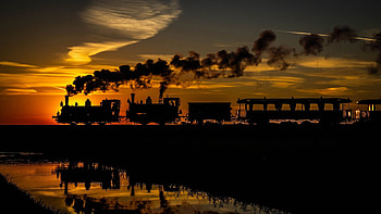 Silhouette, locomotives, train, steam, sunset, colors HD wallpaper