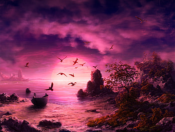 Birds, Art, Sea, Rocks, Horizon, Shore, Bank, Boat HD wallpaper