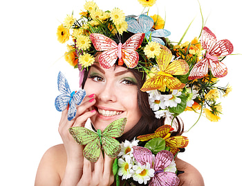 Girl, bouquet, gentle, graphy, colors, nice, butterflies, lady, flower, happy, lips, makeup, model, brunette, smile, eyes, beautiful, woman, cool, face, flowers, harmony HD wallpaper