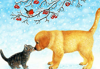 Cute Meeting, winter, dog, artwork, kitten, painting, snow HD wallpaper