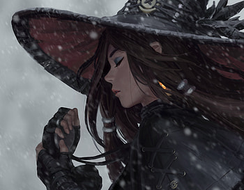 Big hat, beautiful girl, art HD wallpaper