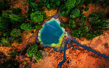 hot spring, aerial view, blue lake, summer, beautiful nature, green trees, R, travel concepts HD wallpaper