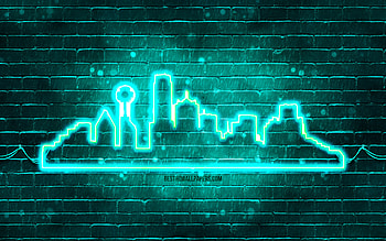 Dallas turquoise neon silhouette, , turquoise neon lights, Dallas skyline silhouette, turquoise brickwall, american cities, neon skyline silhouettes, USA, Dallas silhouette, Dallas HD wallpaper