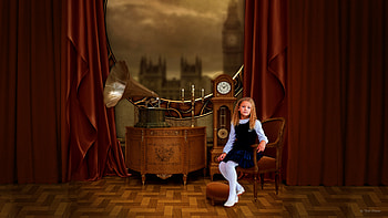 Prim and Proper, blondehair, oldphonigraph, redcurtains, cutegirl, bluedress, girl, clock, bigben HD wallpaper