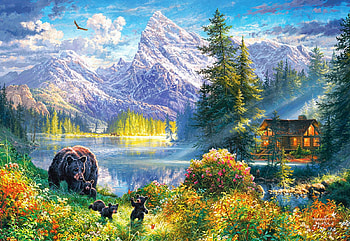 Mountain Morning, artwork, bears, river, painting, pups, trees, cottage, mountains HD wallpaper